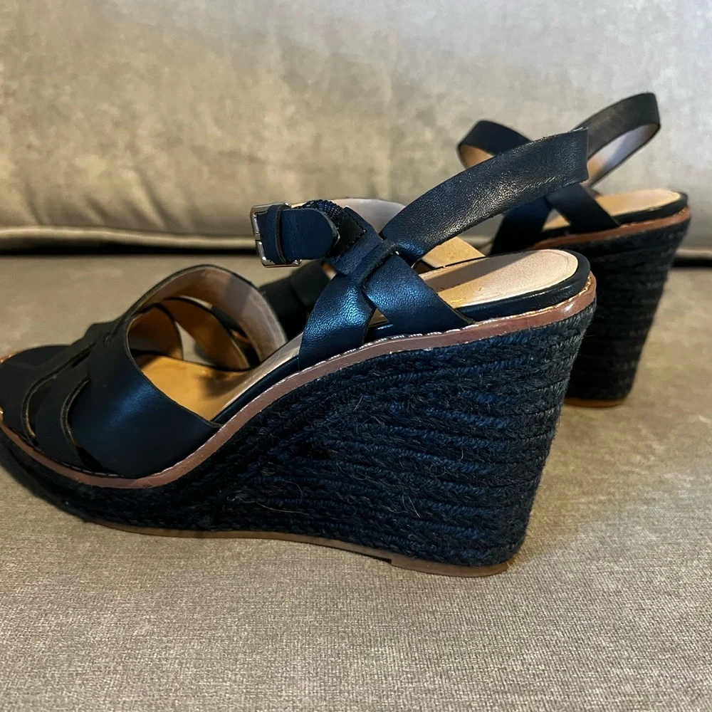 Banana Republic Navy Blue Raffia Leather Wedge Size 7